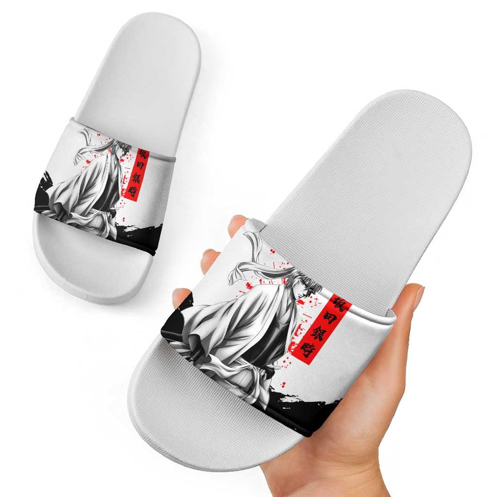 Gintoki Sakata Gintama Samurai Design Slide Sandals with Katana, Red Kanji Calligraphy and Oni Mask Graphic - The Mazicc