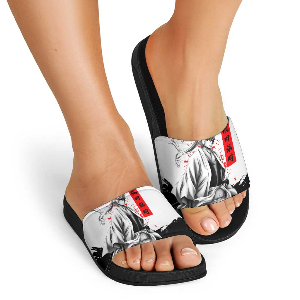 Gintoki Sakata Gintama Samurai Design Slide Sandals with Katana, Red Kanji Calligraphy and Oni Mask Graphic - The Mazicc