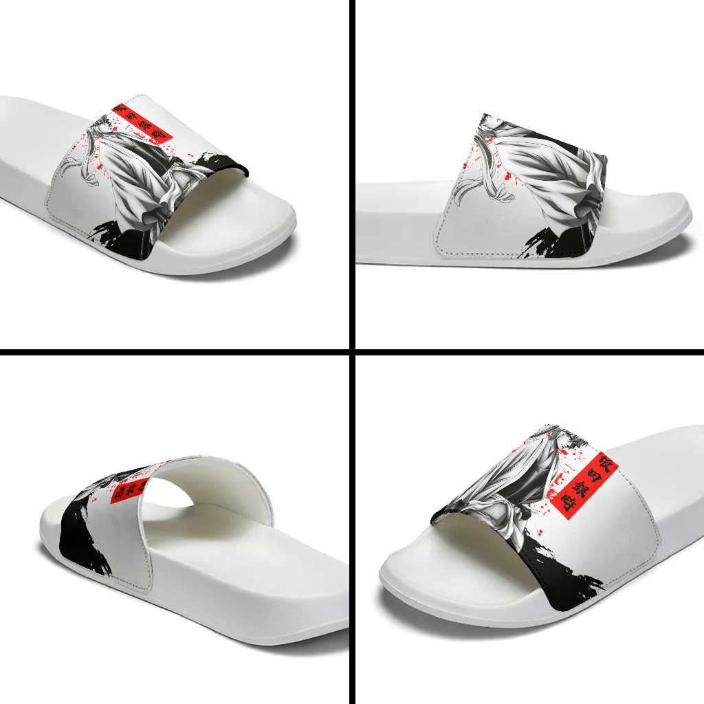 Gintoki Sakata Gintama Samurai Design Slide Sandals with Katana, Red Kanji Calligraphy and Oni Mask Graphic - The Mazicc