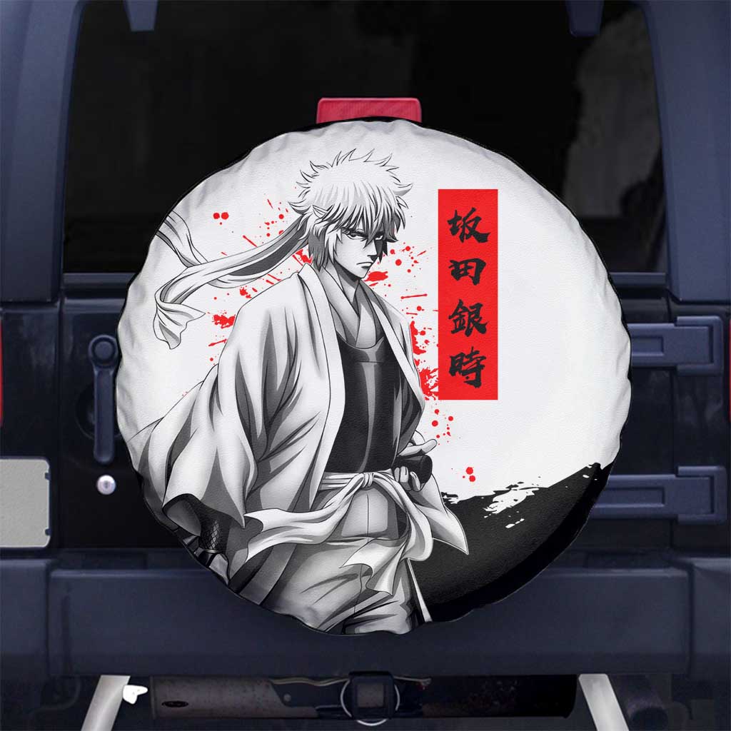Gintoki Sakata Gintama Samurai Design Spare Tire Cover with Katana, Red Kanji Calligraphy and Oni Mask Graphic - The Mazicc