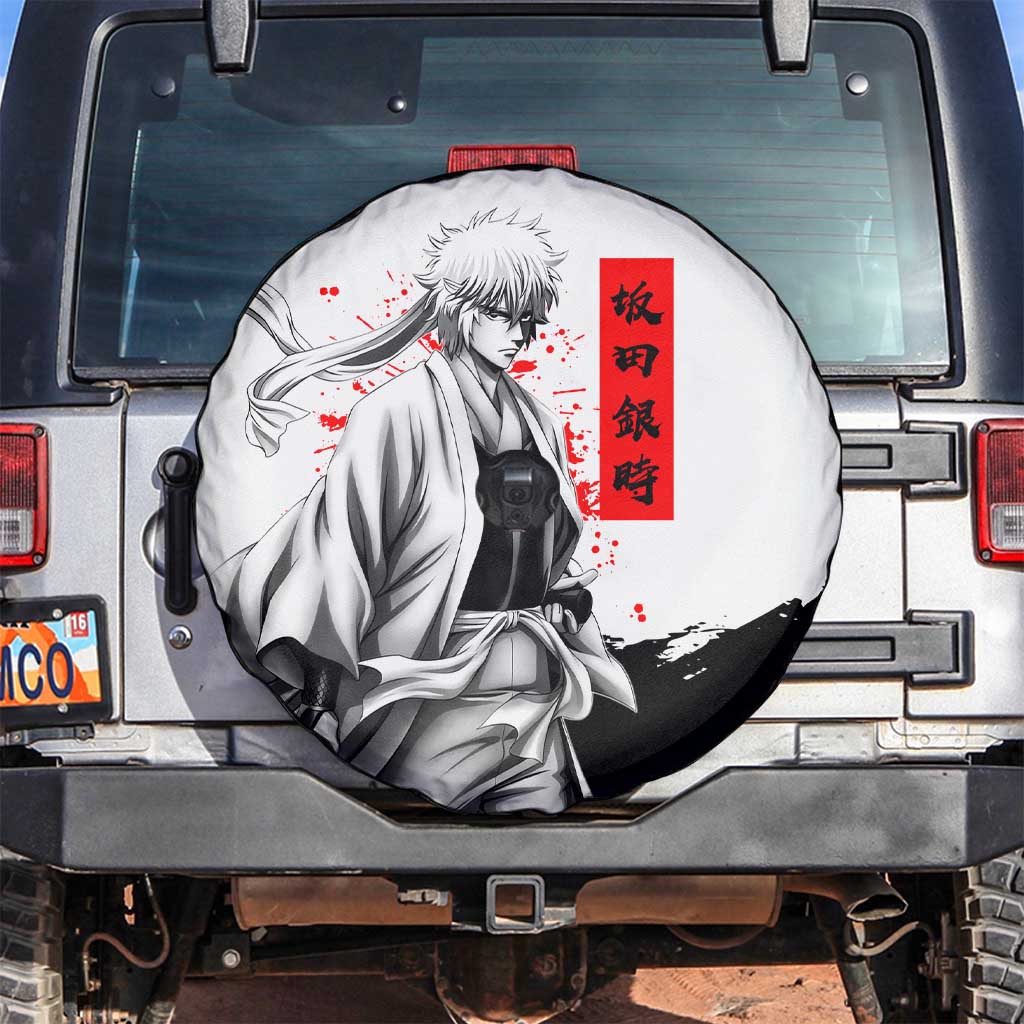 Gintoki Sakata Gintama Samurai Design Spare Tire Cover with Katana, Red Kanji Calligraphy and Oni Mask Graphic - The Mazicc