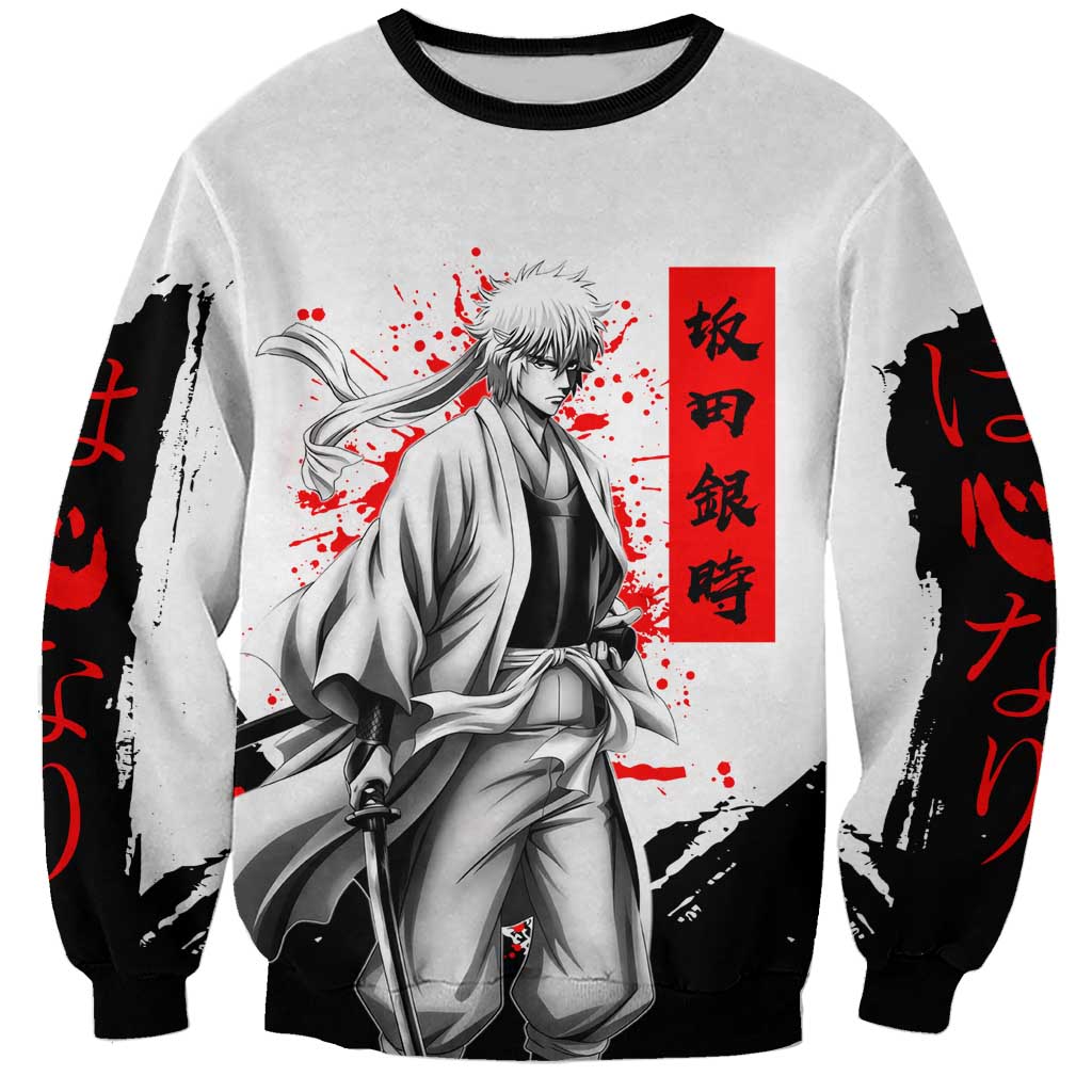 Gintoki Sakata Gintama Samurai Design Sweatshirt with Katana, Red Kanji Calligraphy and Oni Mask Graphic - The Mazicc