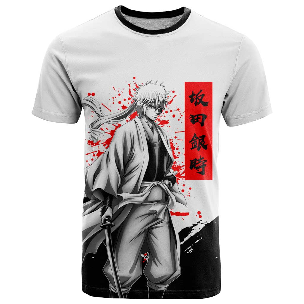 Gintoki Sakata Gintama Samurai Design T Shirt with Katana, Red Kanji Calligraphy and Oni Mask Graphic - The Mazicc