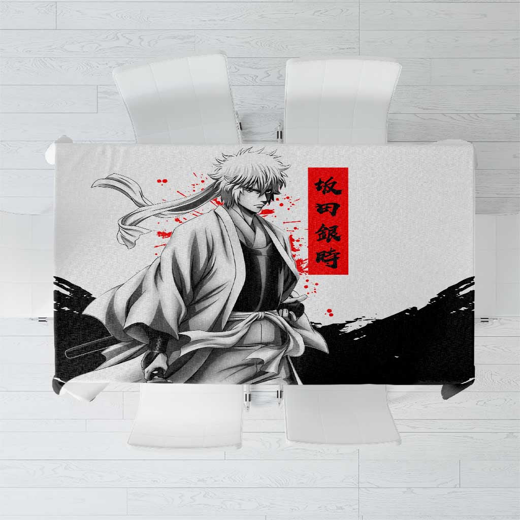 Gintoki Sakata Gintama Samurai Design Tablecloth with Katana, Red Kanji Calligraphy and Oni Mask Graphic - The Mazicc