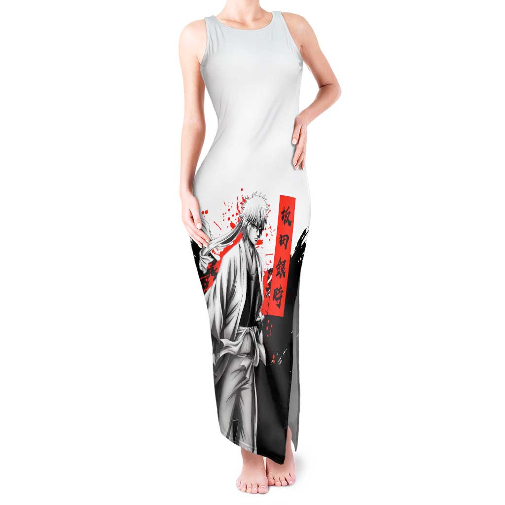 Gintoki Sakata Gintama Samurai Design Tank Maxi Dress with Katana, Red Kanji Calligraphy and Oni Mask Graphic - The Mazicc