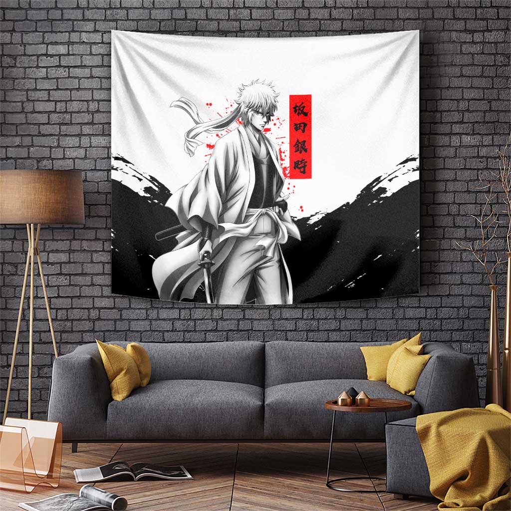 Gintoki Sakata Gintama Samurai Design Tapestry with Katana, Red Kanji Calligraphy and Oni Mask Graphic - The Mazicc