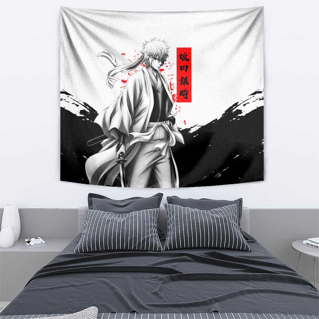 Gintoki Sakata Gintama Samurai Design Tapestry with Katana, Red Kanji Calligraphy and Oni Mask Graphic - The Mazicc