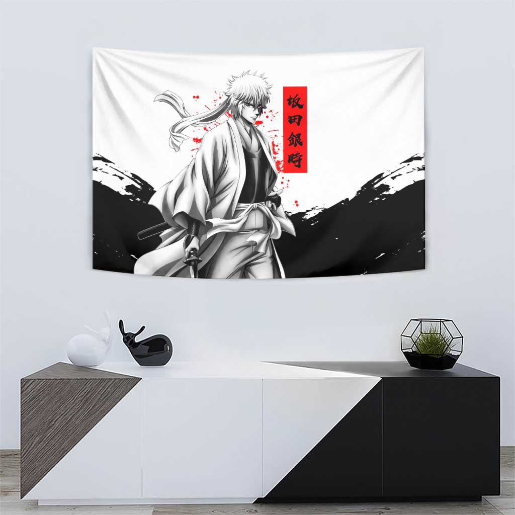 Gintoki Sakata Gintama Samurai Design Tapestry with Katana, Red Kanji Calligraphy and Oni Mask Graphic - The Mazicc