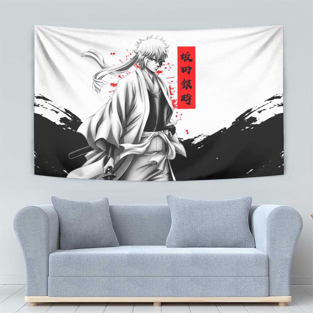 Gintoki Sakata Gintama Samurai Design Tapestry with Katana, Red Kanji Calligraphy and Oni Mask Graphic - The Mazicc
