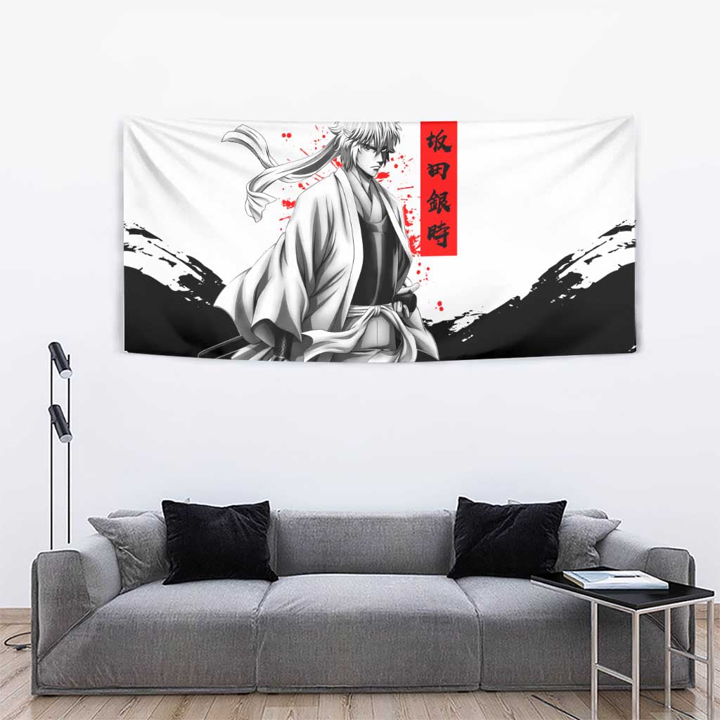 Gintoki Sakata Gintama Samurai Design Tapestry with Katana, Red Kanji Calligraphy and Oni Mask Graphic - The Mazicc