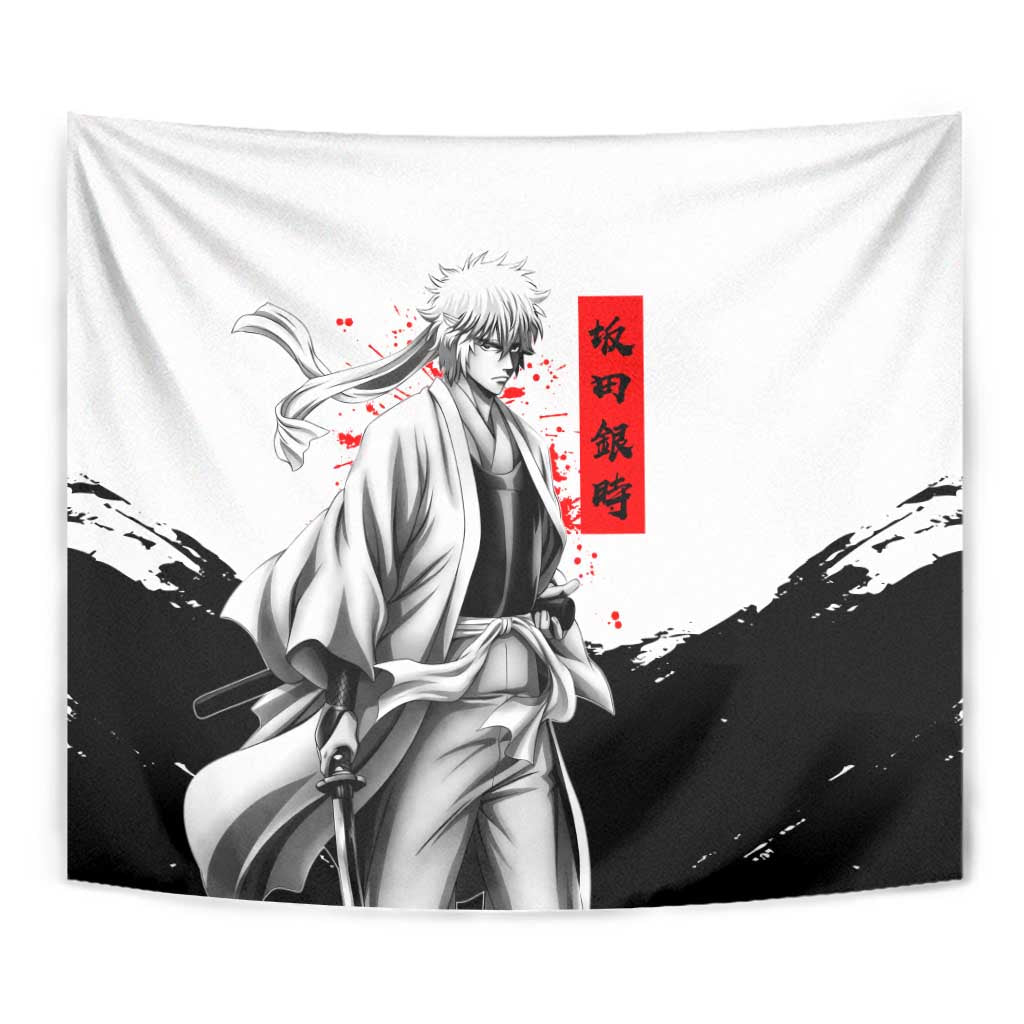 Gintoki Sakata Gintama Samurai Design Tapestry with Katana, Red Kanji Calligraphy and Oni Mask Graphic - The Mazicc