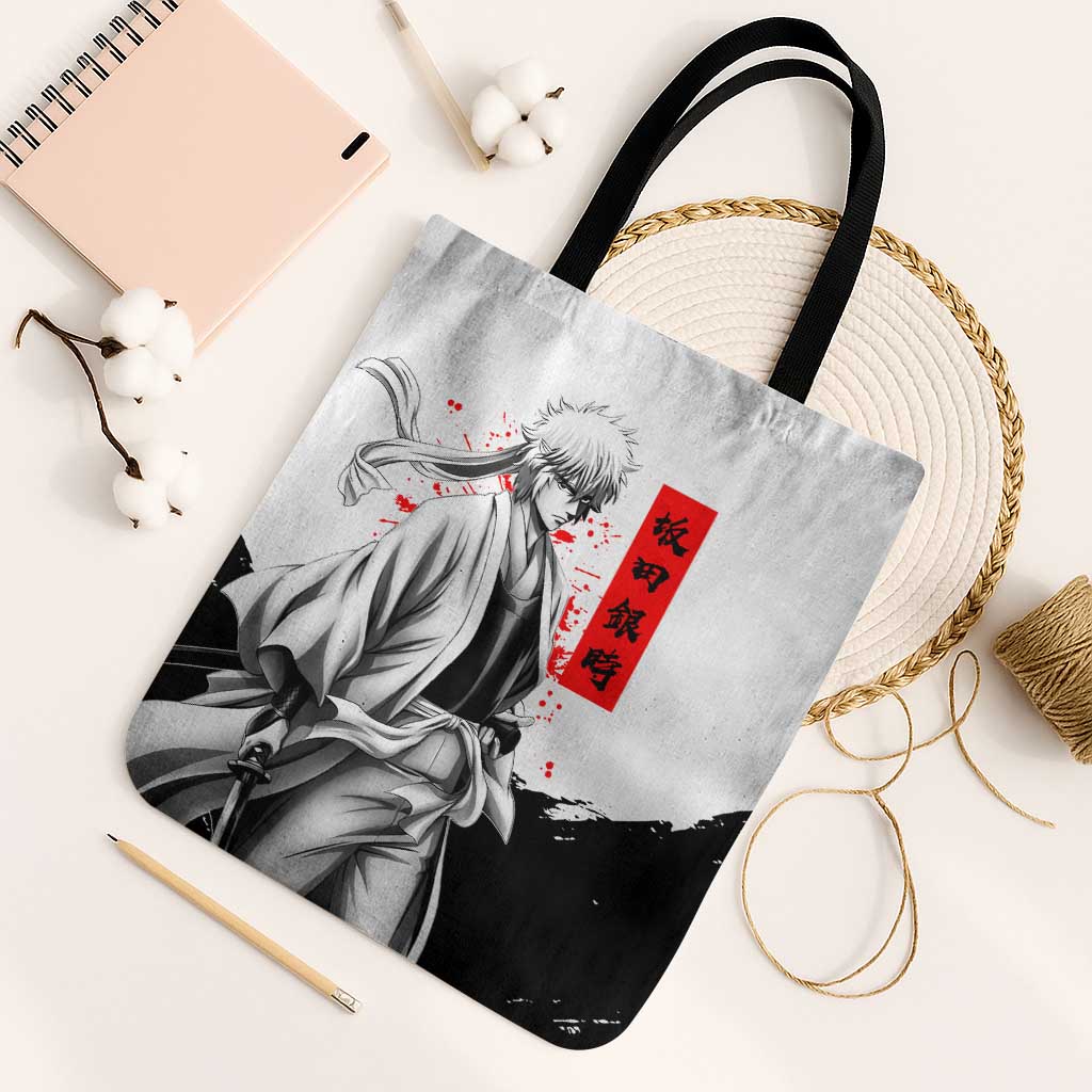 Gintoki Sakata Gintama Samurai Design Tote Bag with Katana, Red Kanji Calligraphy and Oni Mask Graphic - The Mazicc