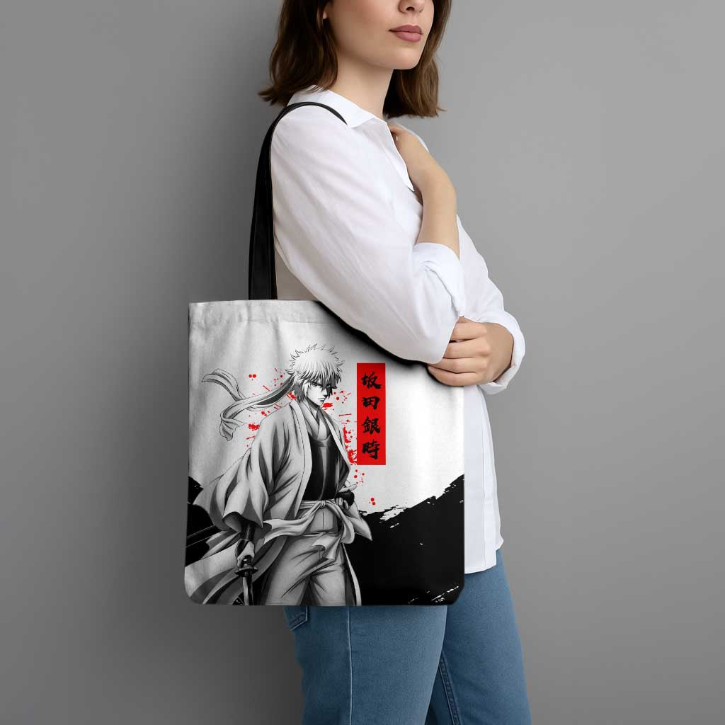 Gintoki Sakata Gintama Samurai Design Tote Bag with Katana, Red Kanji Calligraphy and Oni Mask Graphic - The Mazicc