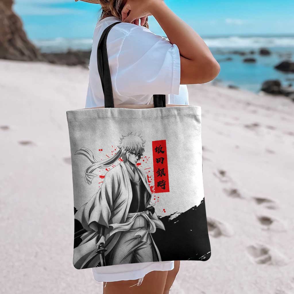 Gintoki Sakata Gintama Samurai Design Tote Bag with Katana, Red Kanji Calligraphy and Oni Mask Graphic - The Mazicc