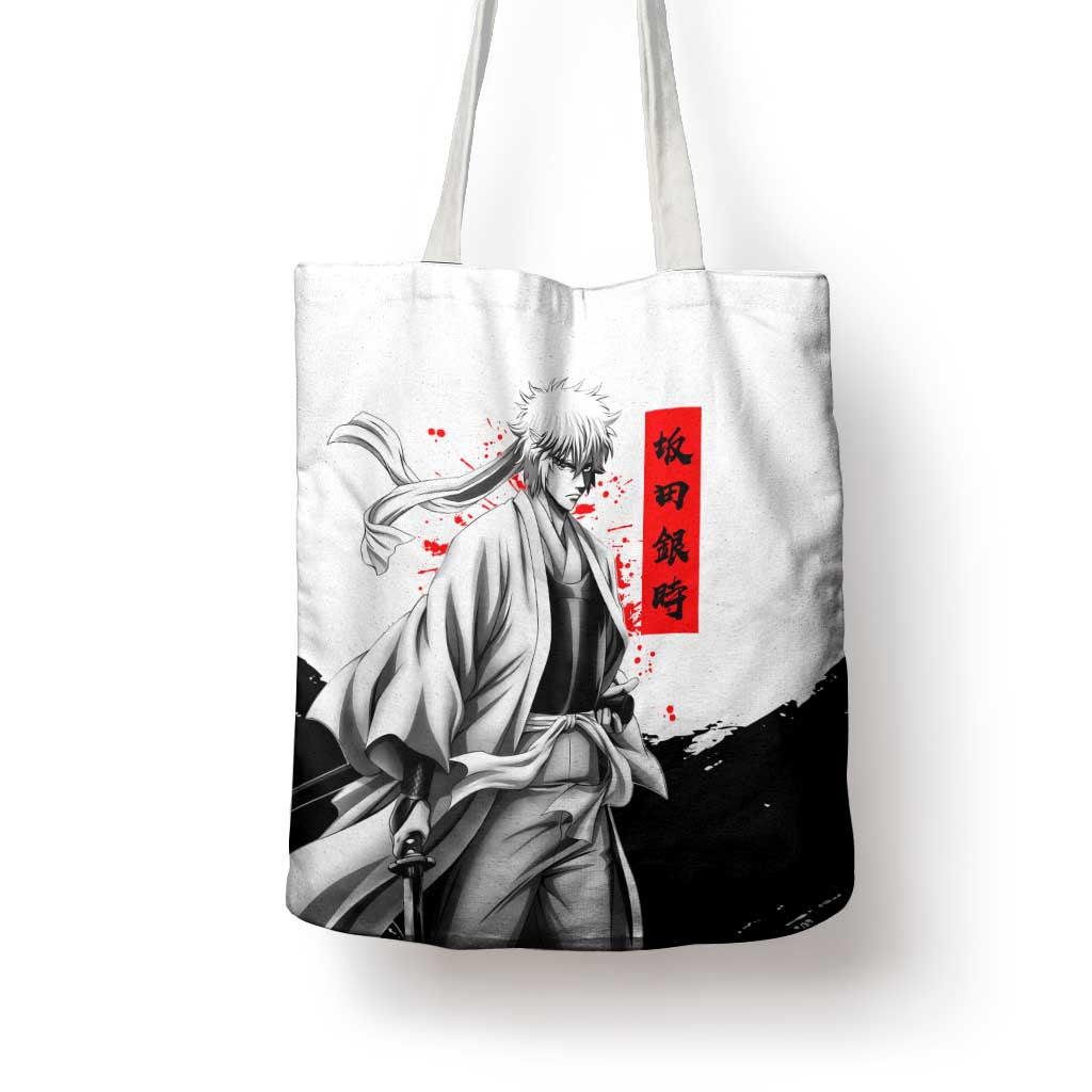 Gintoki Sakata Gintama Samurai Design Tote Bag with Katana, Red Kanji Calligraphy and Oni Mask Graphic - The Mazicc