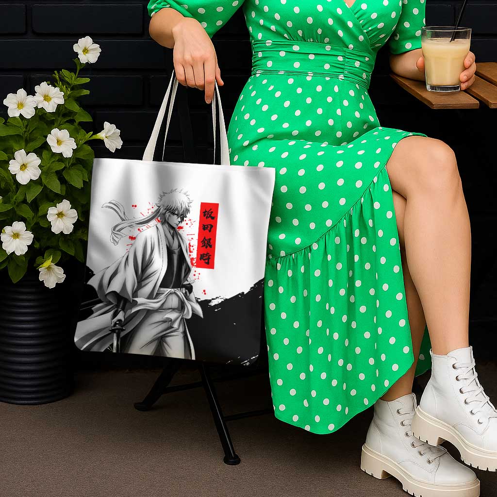 Gintoki Sakata Gintama Samurai Design Tote Bag with Katana, Red Kanji Calligraphy and Oni Mask Graphic - The Mazicc