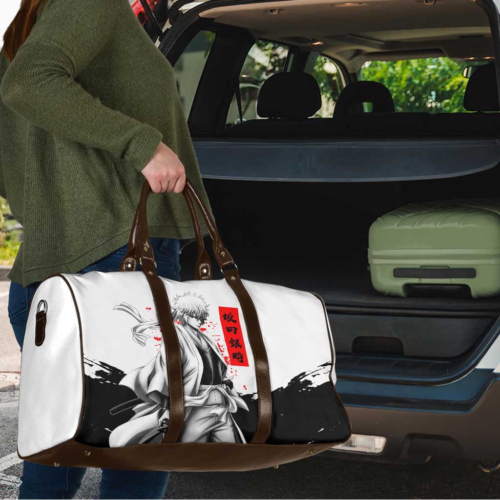 Gintoki Sakata Gintama Samurai Design Travel Bag with Katana, Red Kanji Calligraphy and Oni Mask Graphic - The Mazicc
