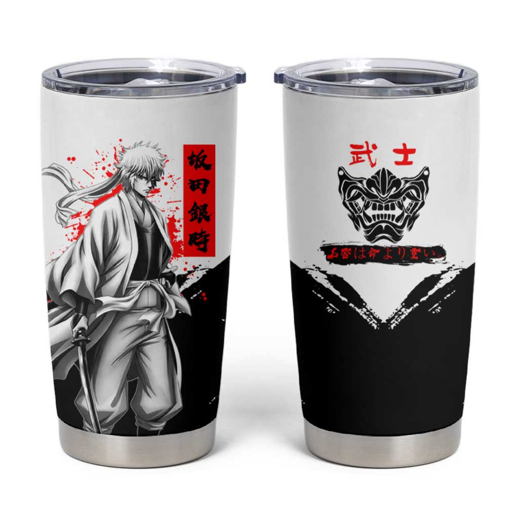 Gintoki Sakata Gintama Samurai Design Tumbler Cup with Katana, Red Kanji Calligraphy and Oni Mask Graphic - The Mazicc
