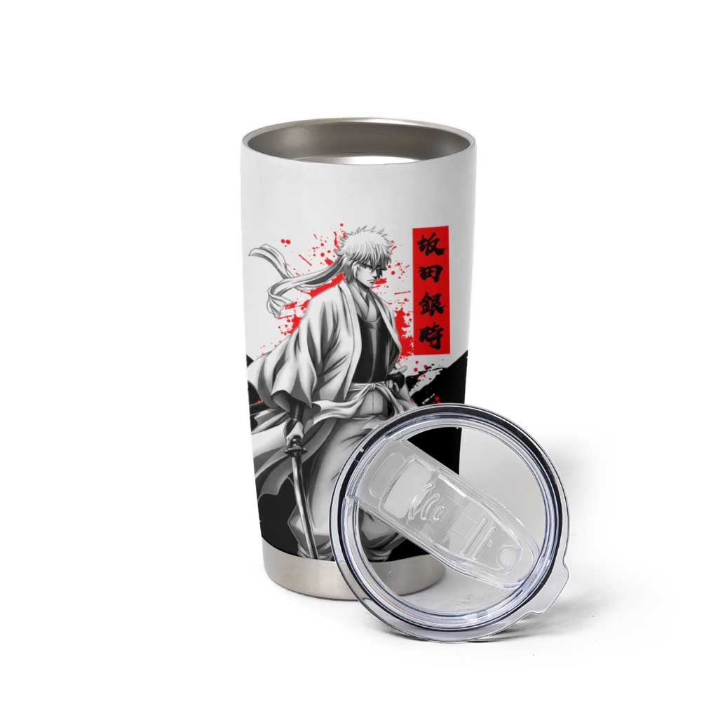 Gintoki Sakata Gintama Samurai Design Tumbler Cup with Katana, Red Kanji Calligraphy and Oni Mask Graphic - The Mazicc