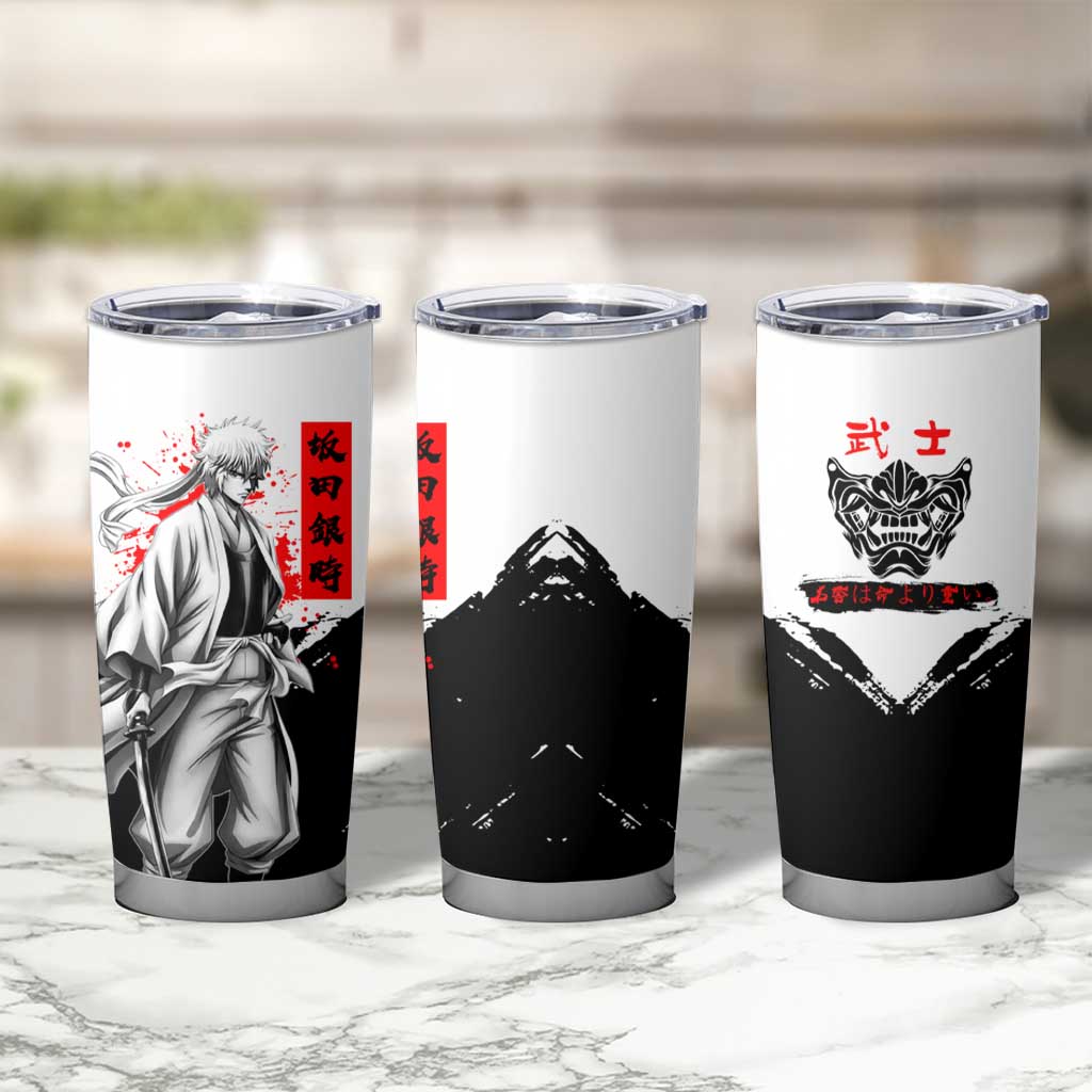 Gintoki Sakata Gintama Samurai Design Tumbler Cup with Katana, Red Kanji Calligraphy and Oni Mask Graphic - The Mazicc