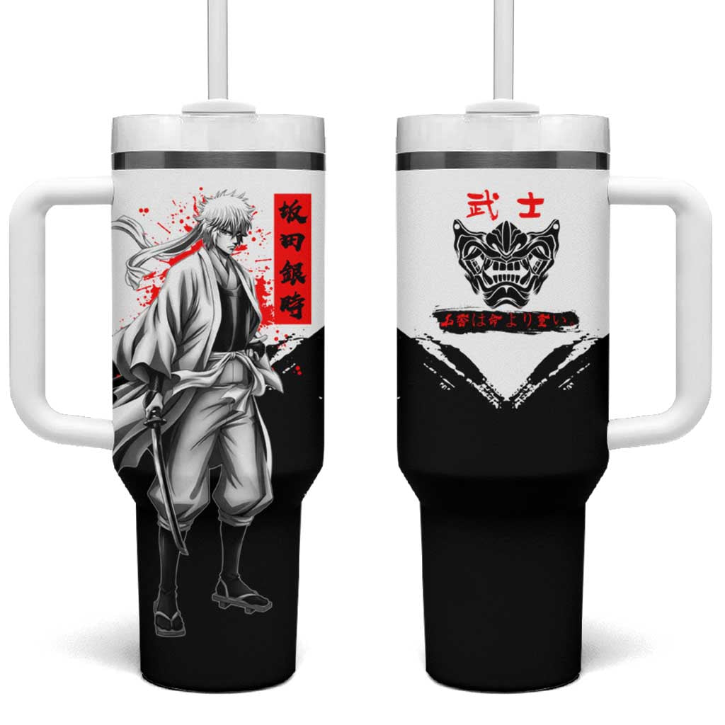 Gintoki Sakata Gintama Samurai Design Tumbler With Handle with Katana, Red Kanji Calligraphy and Oni Mask Graphic - The Mazicc