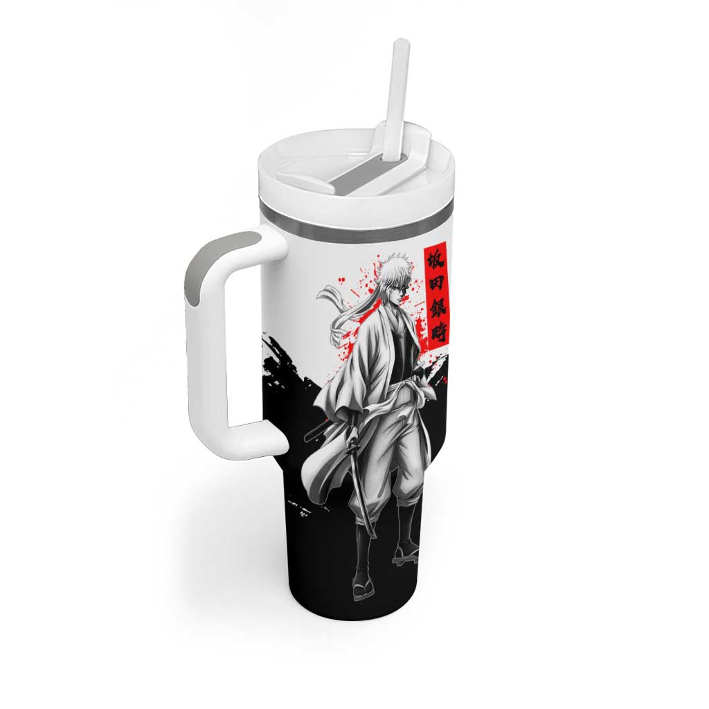Gintoki Sakata Gintama Samurai Design Tumbler With Handle with Katana, Red Kanji Calligraphy and Oni Mask Graphic - The Mazicc