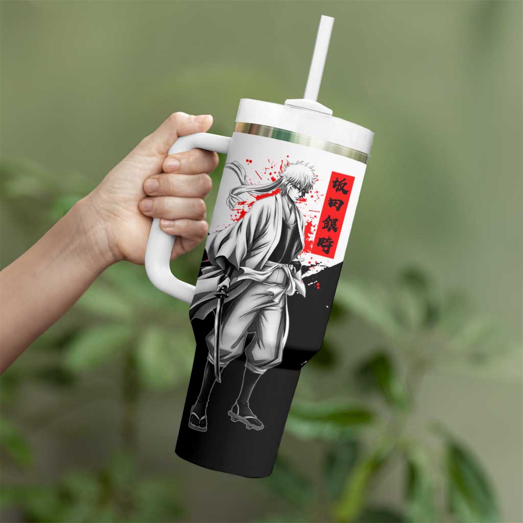 Gintoki Sakata Gintama Samurai Design Tumbler With Handle with Katana, Red Kanji Calligraphy and Oni Mask Graphic - The Mazicc