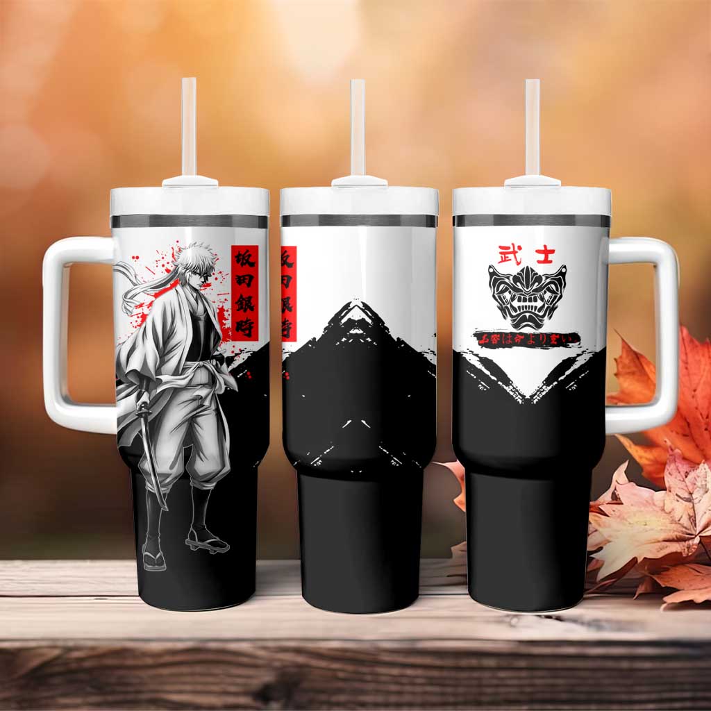 Gintoki Sakata Gintama Samurai Design Tumbler With Handle with Katana, Red Kanji Calligraphy and Oni Mask Graphic - The Mazicc