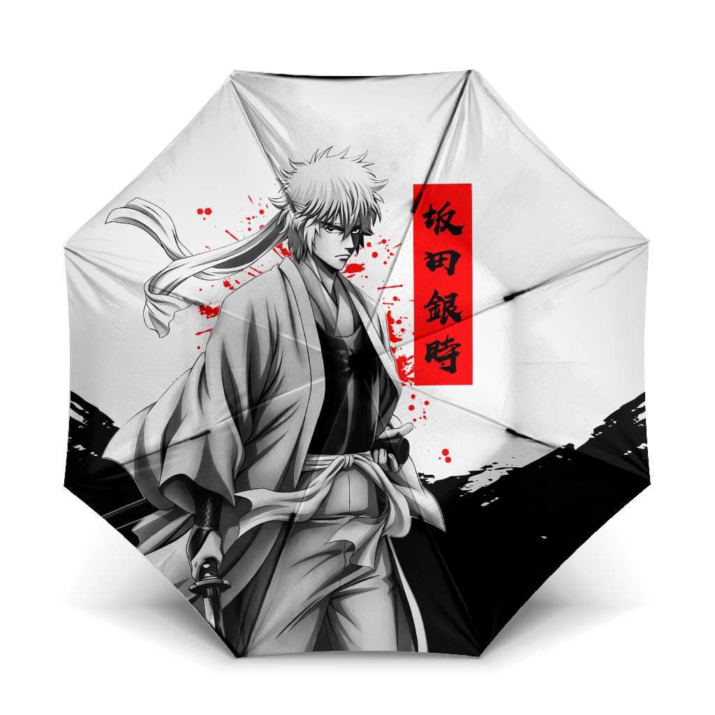 Gintoki Sakata Gintama Samurai Design Umbrella with Katana, Red Kanji Calligraphy and Oni Mask Graphic - The Mazicc