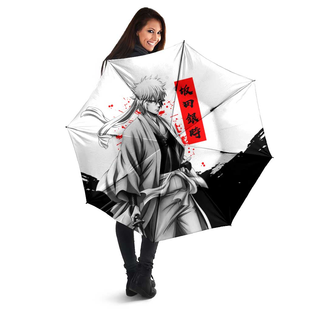 Gintoki Sakata Gintama Samurai Design Umbrella with Katana, Red Kanji Calligraphy and Oni Mask Graphic - The Mazicc