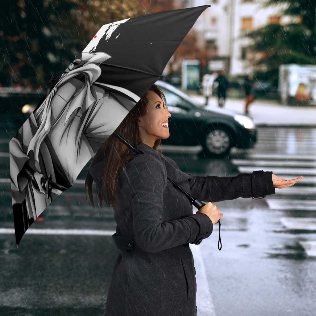 Gintoki Sakata Gintama Samurai Design Umbrella with Katana, Red Kanji Calligraphy and Oni Mask Graphic - The Mazicc