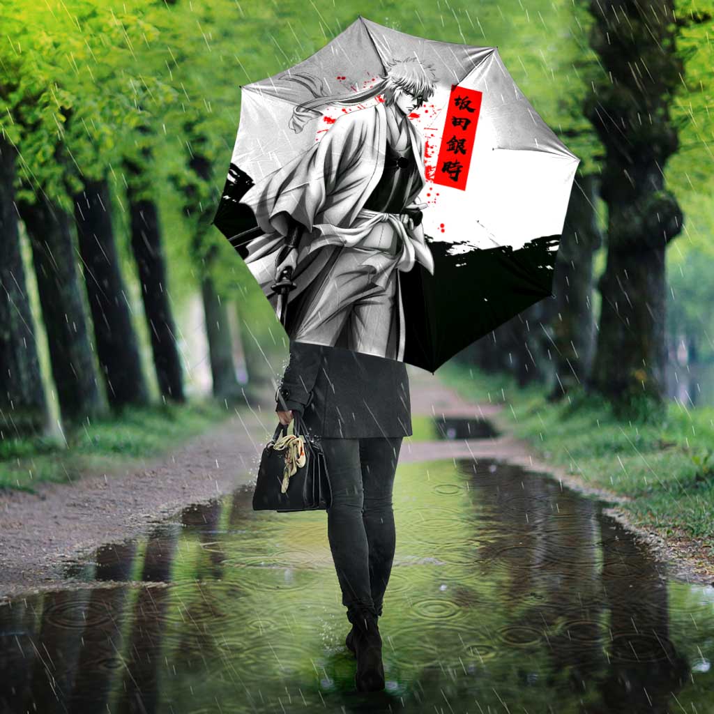 Gintoki Sakata Gintama Samurai Design Umbrella with Katana, Red Kanji Calligraphy and Oni Mask Graphic - The Mazicc