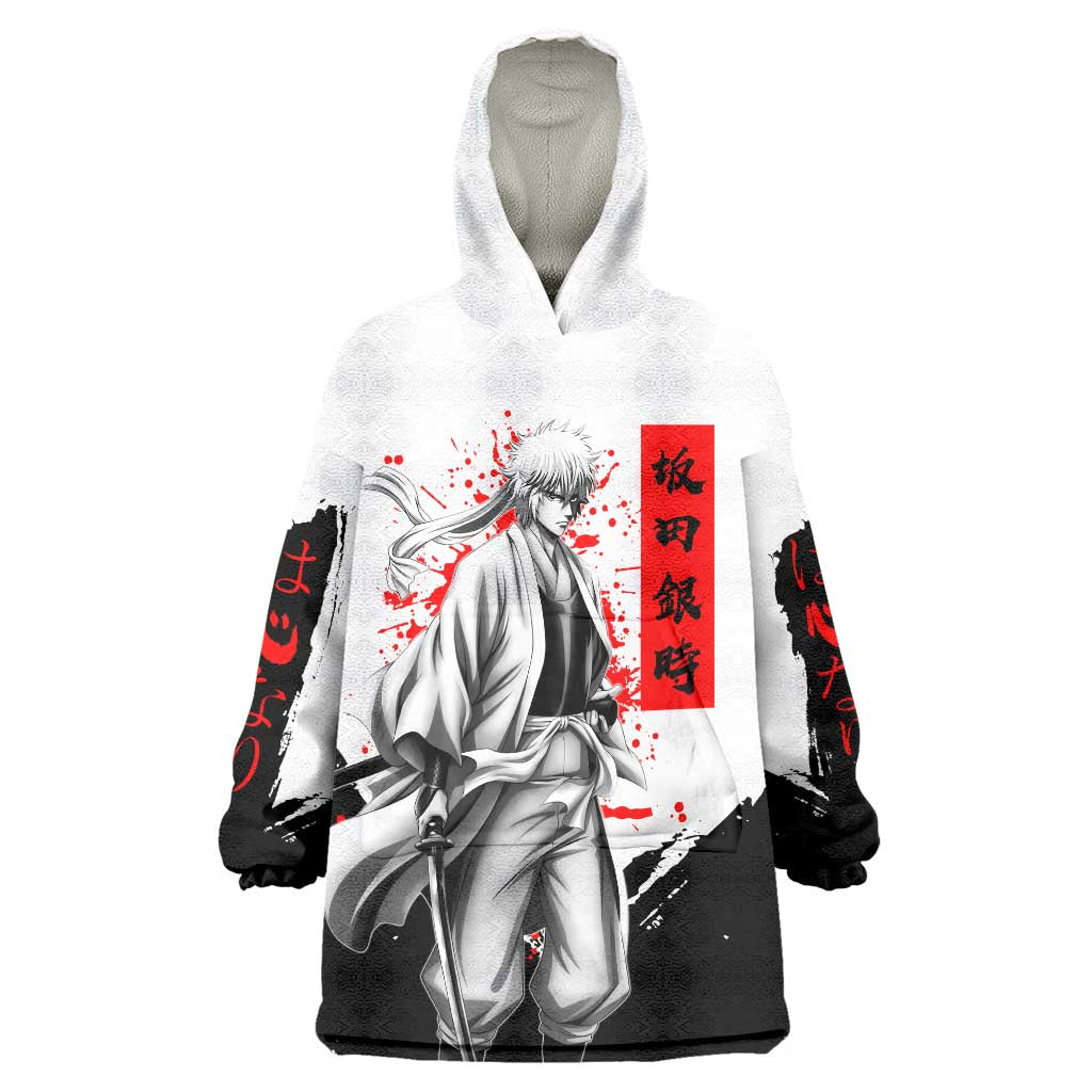 Gintoki Sakata Gintama Samurai Design Wearable Blanket Hoodie with Katana, Red Kanji Calligraphy and Oni Mask Graphic - The Mazicc