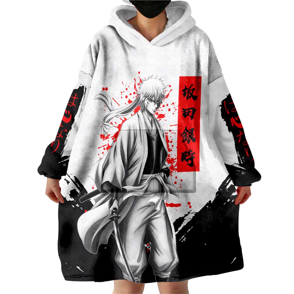 Gintoki Sakata Gintama Samurai Design Wearable Blanket Hoodie with Katana, Red Kanji Calligraphy and Oni Mask Graphic - The Mazicc