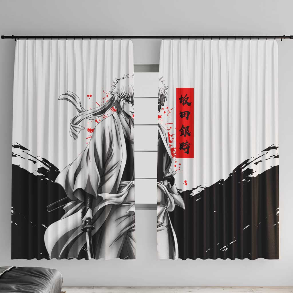 Gintoki Sakata Gintama Samurai Design Window Curtain with Katana, Red Kanji Calligraphy and Oni Mask Graphic - The Mazicc