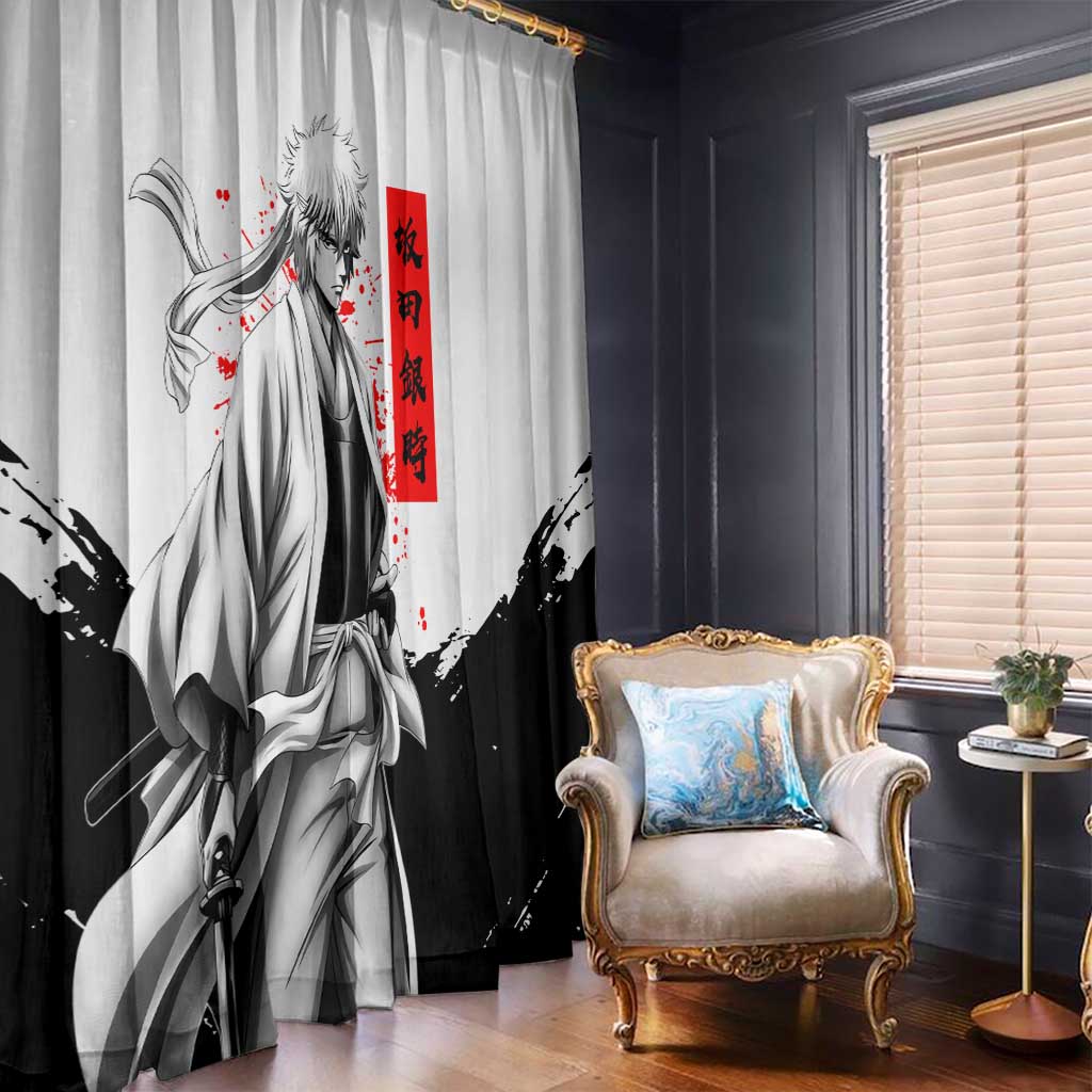 Gintoki Sakata Gintama Samurai Design Window Curtain with Katana, Red Kanji Calligraphy and Oni Mask Graphic - The Mazicc