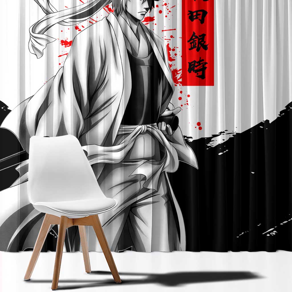 Gintoki Sakata Gintama Samurai Design Window Curtain with Katana, Red Kanji Calligraphy and Oni Mask Graphic - The Mazicc