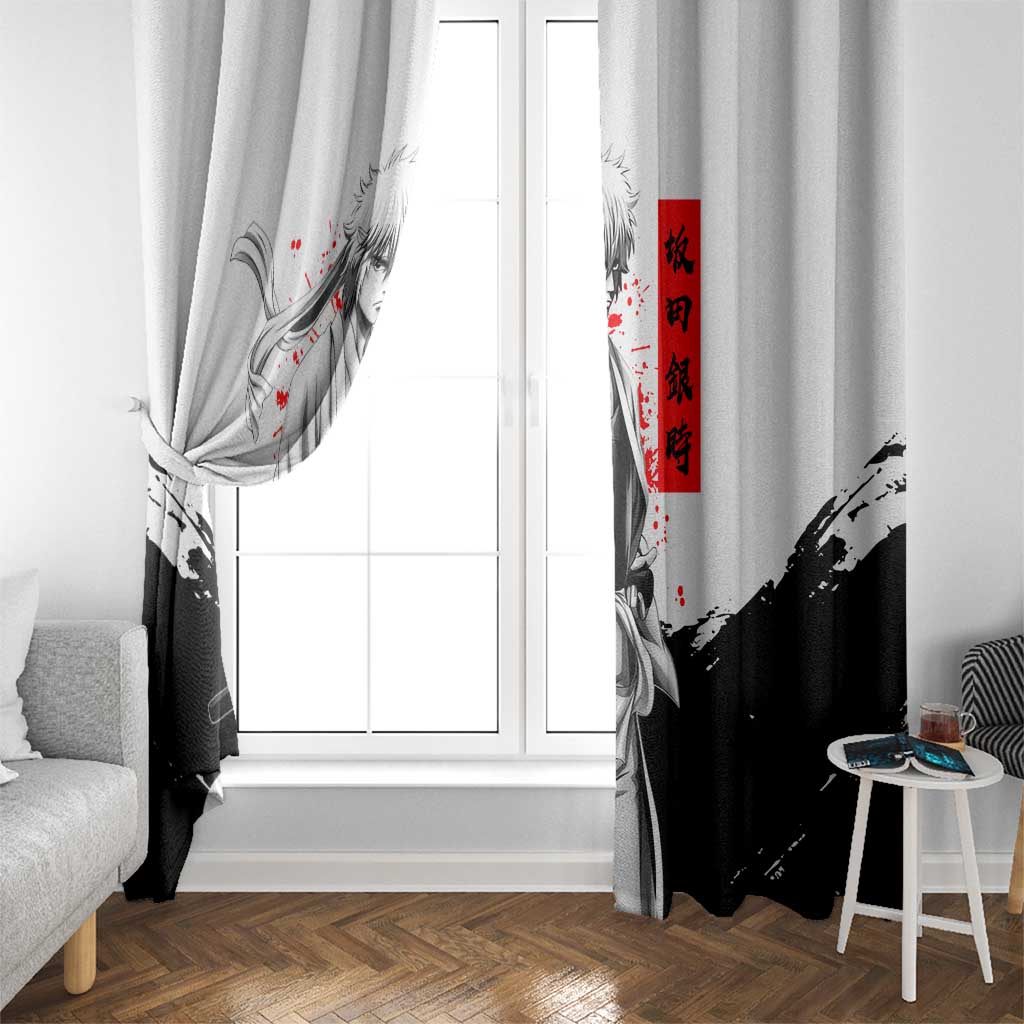 Gintoki Sakata Gintama Samurai Design Window Curtain with Katana, Red Kanji Calligraphy and Oni Mask Graphic - The Mazicc