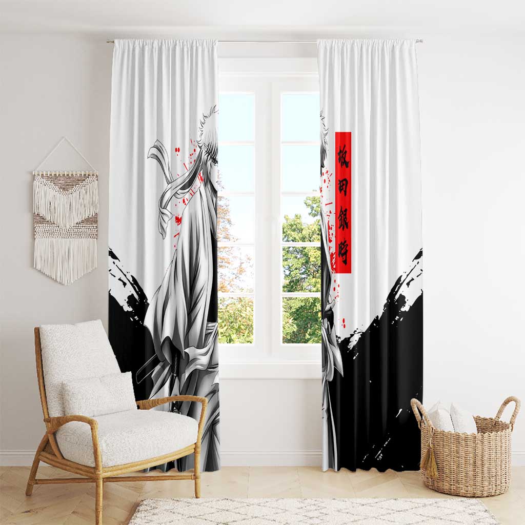 Gintoki Sakata Gintama Samurai Design Window Curtain with Katana, Red Kanji Calligraphy and Oni Mask Graphic - The Mazicc
