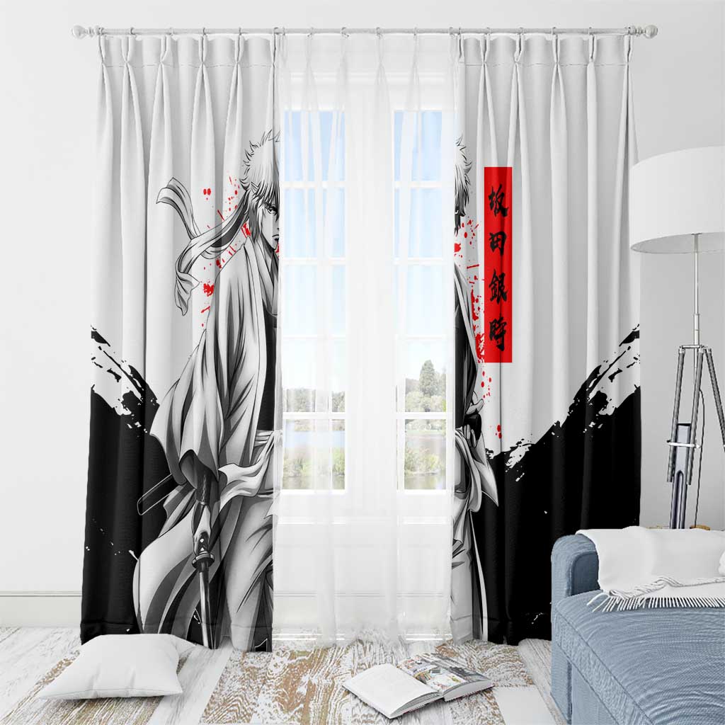 Gintoki Sakata Gintama Samurai Design Window Curtain with Katana, Red Kanji Calligraphy and Oni Mask Graphic - The Mazicc