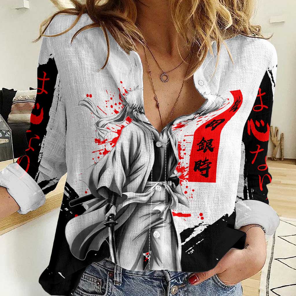 Gintoki Sakata Gintama Samurai Design Women Casual Shirt with Katana, Red Kanji Calligraphy and Oni Mask Graphic - The Mazicc