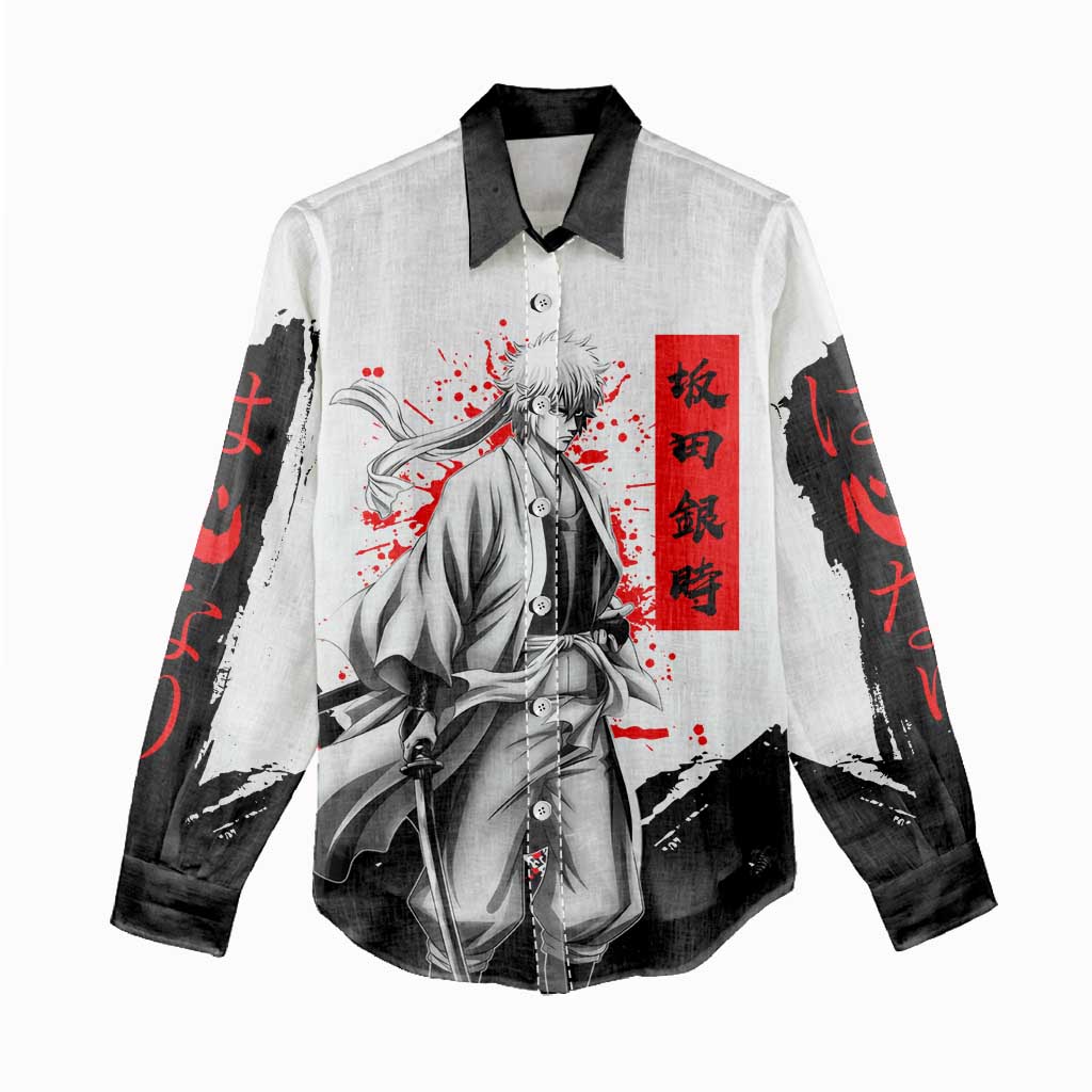 Gintoki Sakata Gintama Samurai Design Women Casual Shirt with Katana, Red Kanji Calligraphy and Oni Mask Graphic - The Mazicc