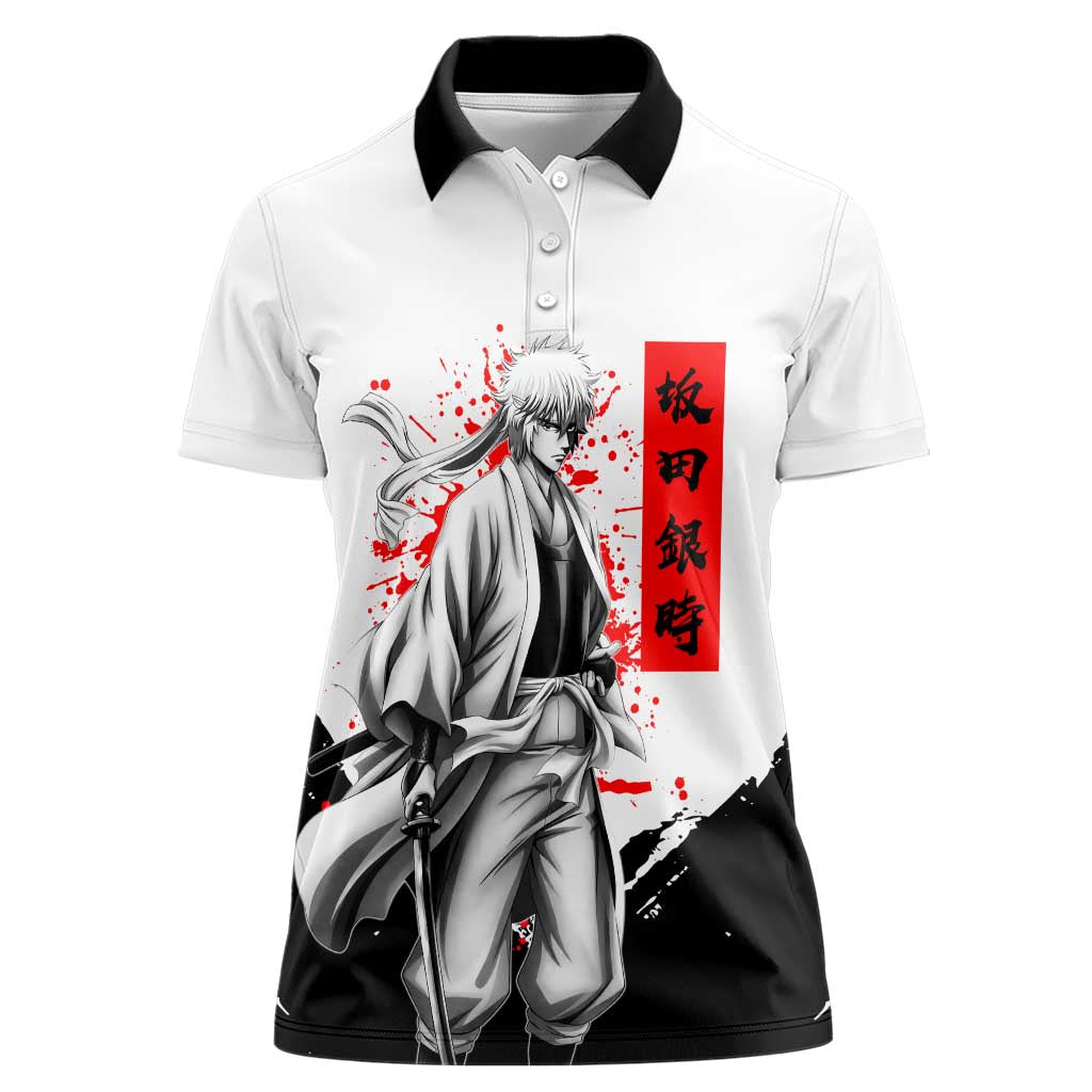 Gintoki Sakata Gintama Samurai Design Women Polo Shirt with Katana, Red Kanji Calligraphy and Oni Mask Graphic - The Mazicc