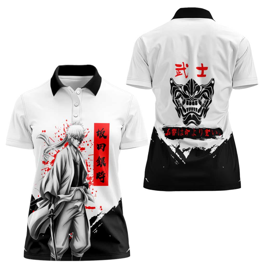 Gintoki Sakata Gintama Samurai Design Women Polo Shirt with Katana, Red Kanji Calligraphy and Oni Mask Graphic - The Mazicc
