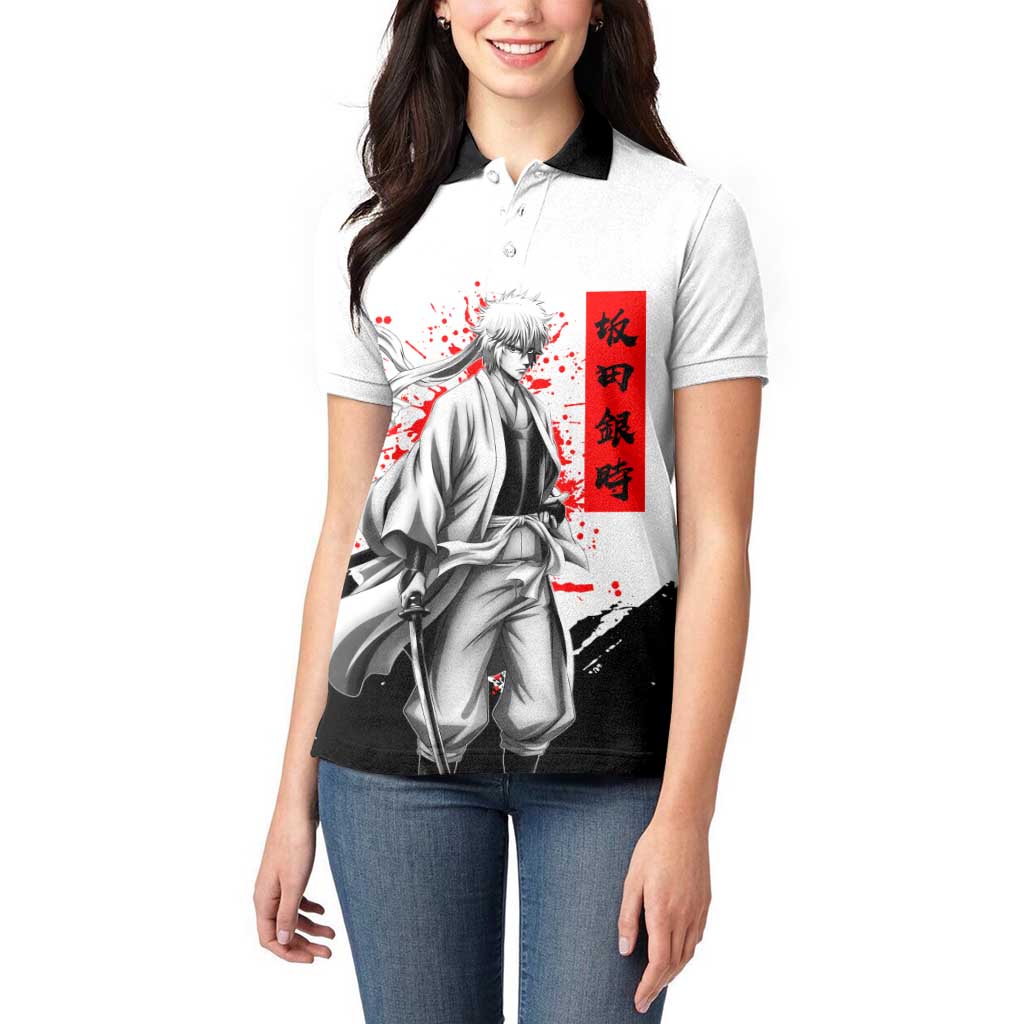 Gintoki Sakata Gintama Samurai Design Women Polo Shirt with Katana, Red Kanji Calligraphy and Oni Mask Graphic - The Mazicc