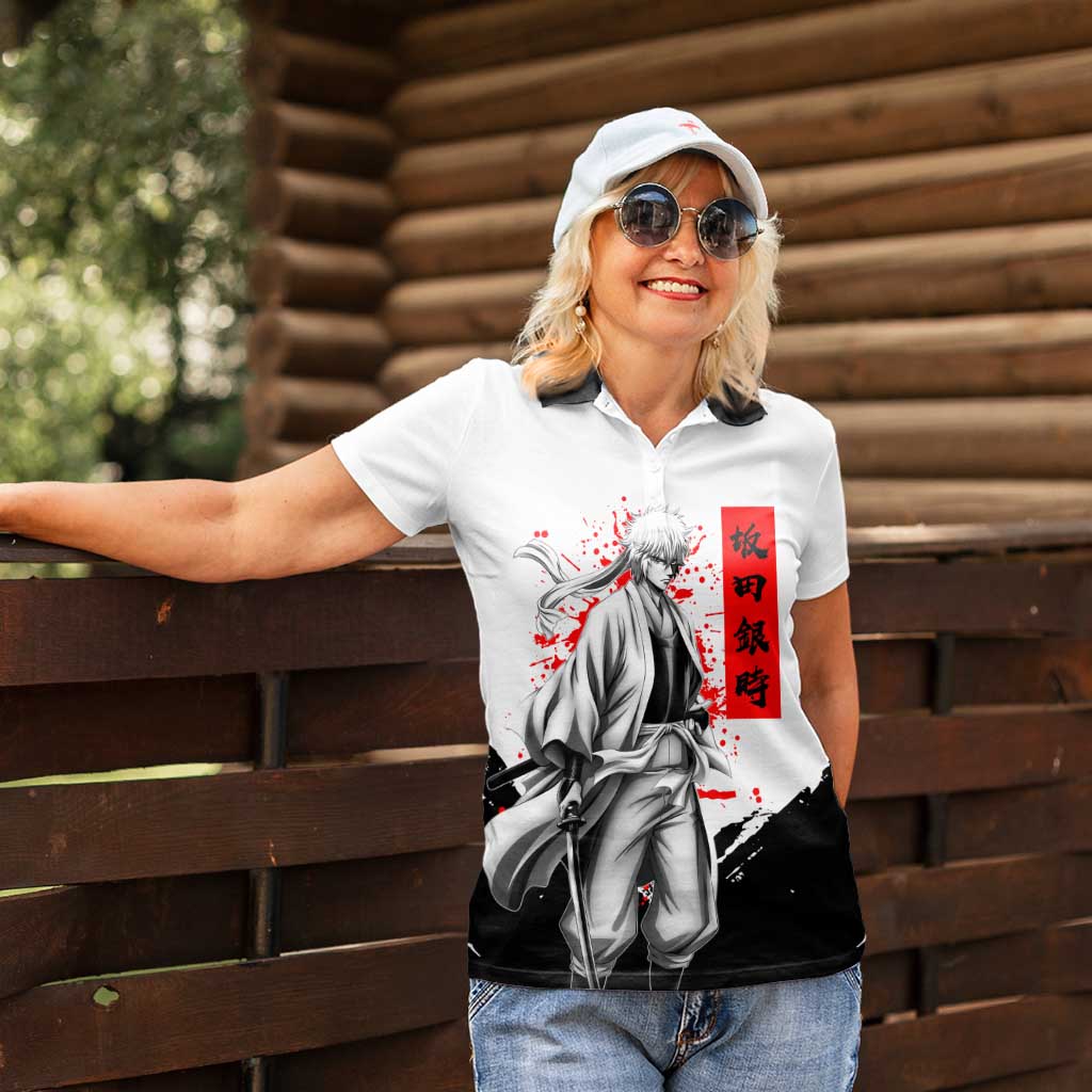 Gintoki Sakata Gintama Samurai Design Women Polo Shirt with Katana, Red Kanji Calligraphy and Oni Mask Graphic - The Mazicc
