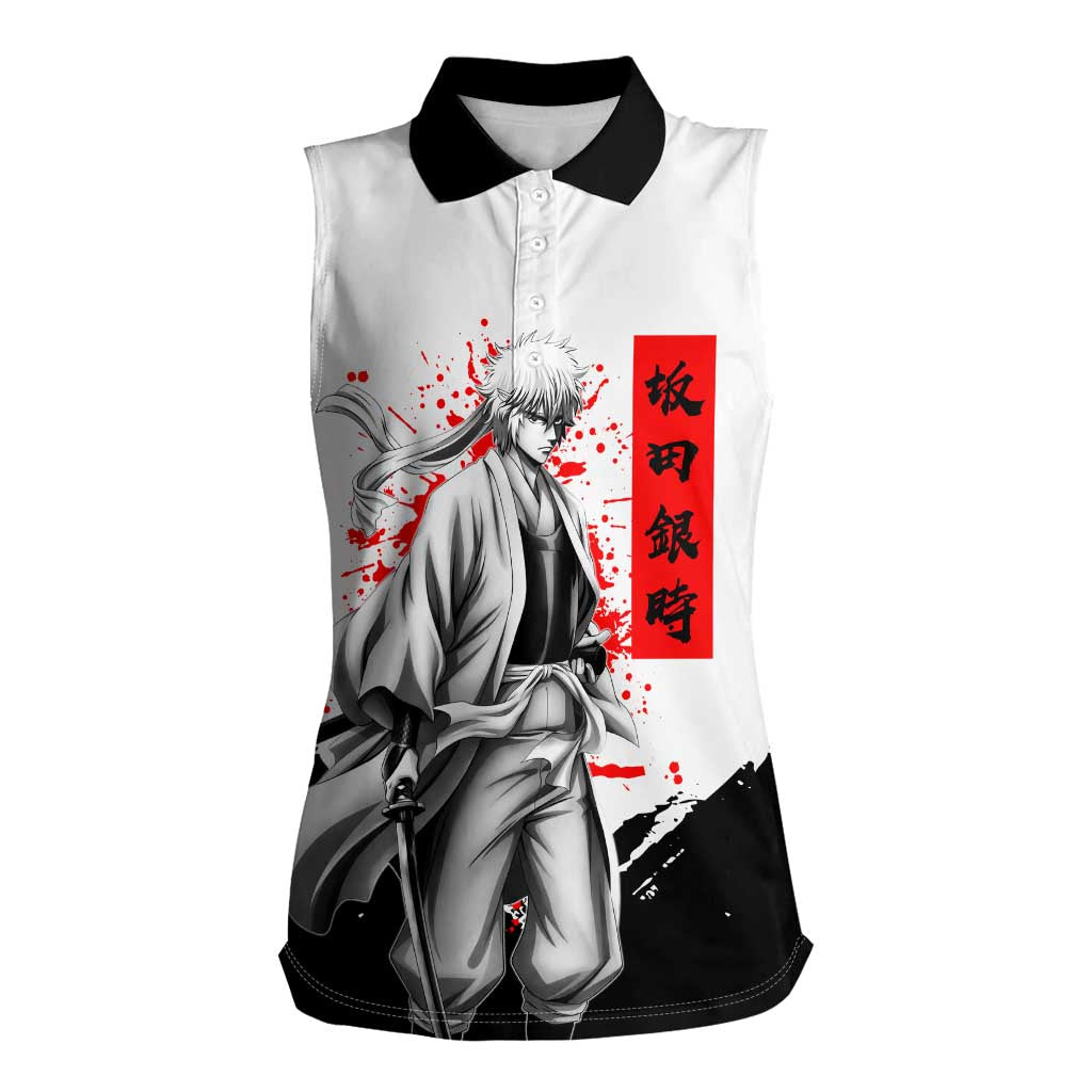 Gintoki Sakata Gintama Samurai Design Women Sleeveless Polo Shirt with Katana, Red Kanji Calligraphy and Oni Mask Graphic - The Mazicc