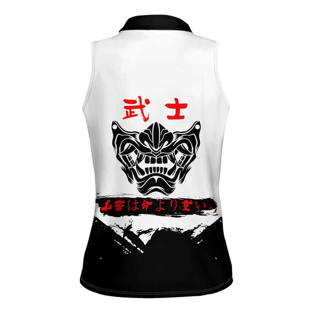 Gintoki Sakata Gintama Samurai Design Women Sleeveless Polo Shirt with Katana, Red Kanji Calligraphy and Oni Mask Graphic - The Mazicc