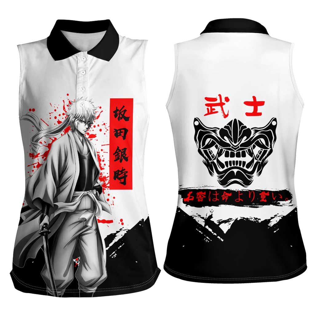 Gintoki Sakata Gintama Samurai Design Women Sleeveless Polo Shirt with Katana, Red Kanji Calligraphy and Oni Mask Graphic - The Mazicc