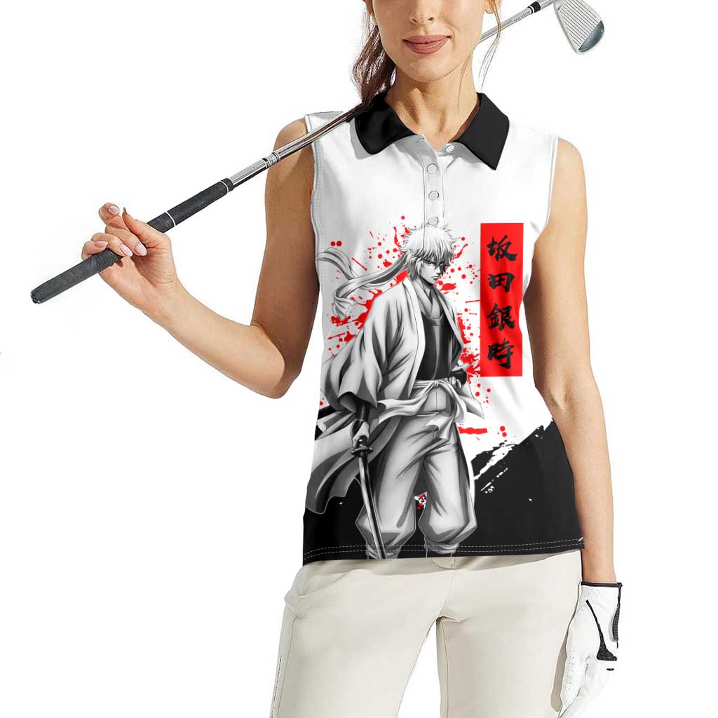 Gintoki Sakata Gintama Samurai Design Women Sleeveless Polo Shirt with Katana, Red Kanji Calligraphy and Oni Mask Graphic - The Mazicc